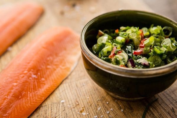Fresh Trout Fillets with Marinade at Bibury Trout Farm Fresh trout fillets next to a bowl of marinade.