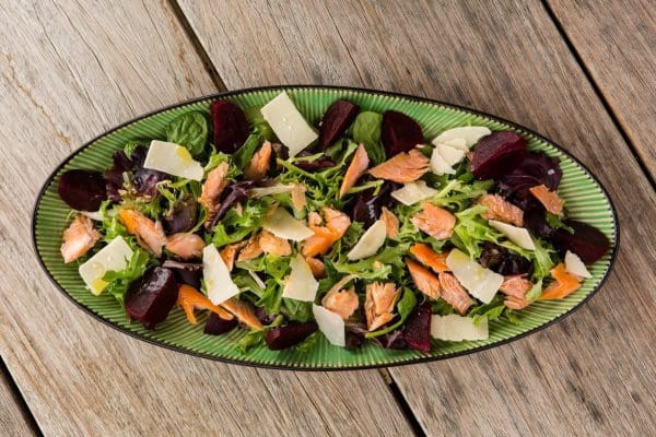 Trout Salad at Bibury Trout Farm Fresh trout salad with mixed greens and vinaigrette dressing.